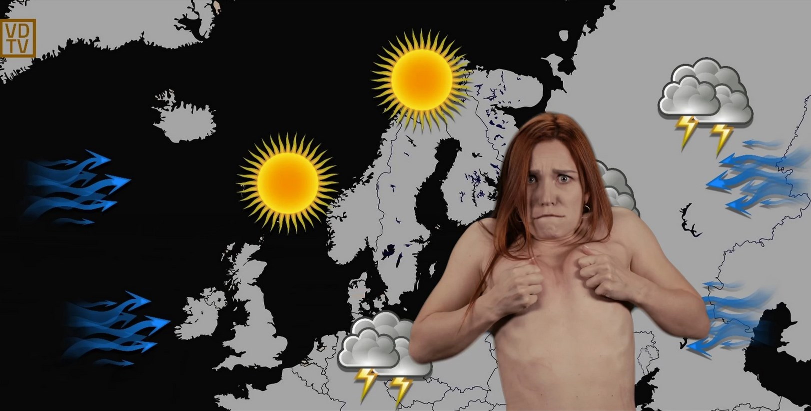A weather girl controlled by a voodoo doll masturbates on live TV
